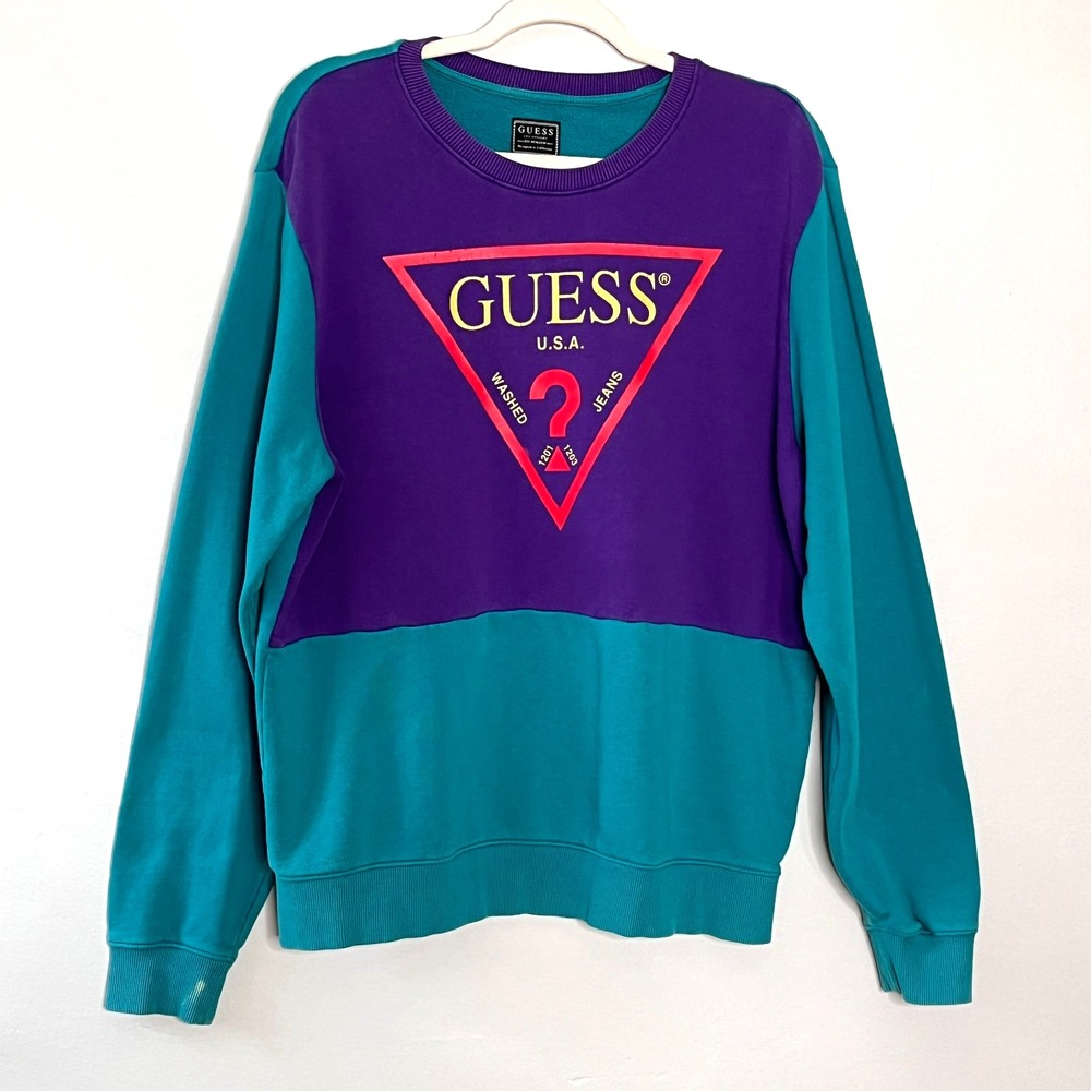 GUESS Jeans Crew Neck Sweater Unisex L Colorblock‎ Big Logo Retro 90s Pullover